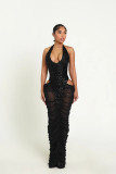 High slit mesh splicing pleated sequin strap hanging neck dress skirt K3863