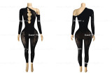 Pearl hollow jumpsuit long sleeved high waisted thick see through jumpsuit H7125