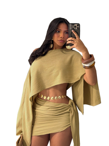 Slant collar off shoulder top with straps, hip hugging short skirt set A740