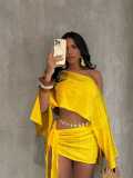 Slant collar off shoulder top with straps, hip hugging short skirt set A740