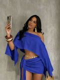 Slant collar off shoulder top with straps, hip hugging short skirt set A740