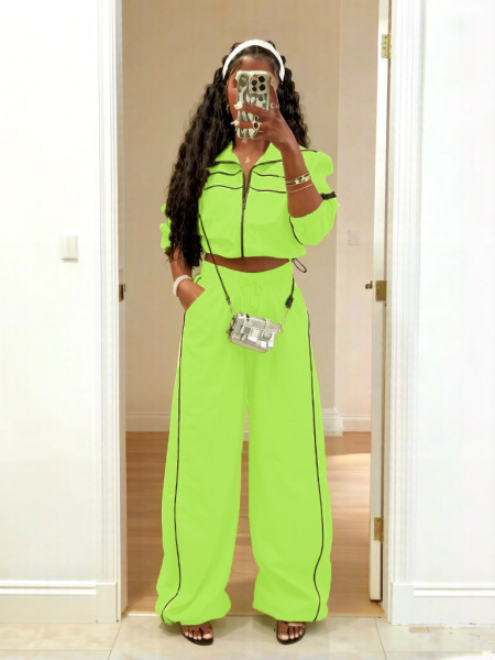 Zipper drawstring hem jacket jacket+pocket wide leg pants pants pants A713