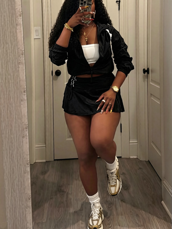 Stand up collar spliced zipper jacket top, drawstring pleated pants skirt two-piece set A718
