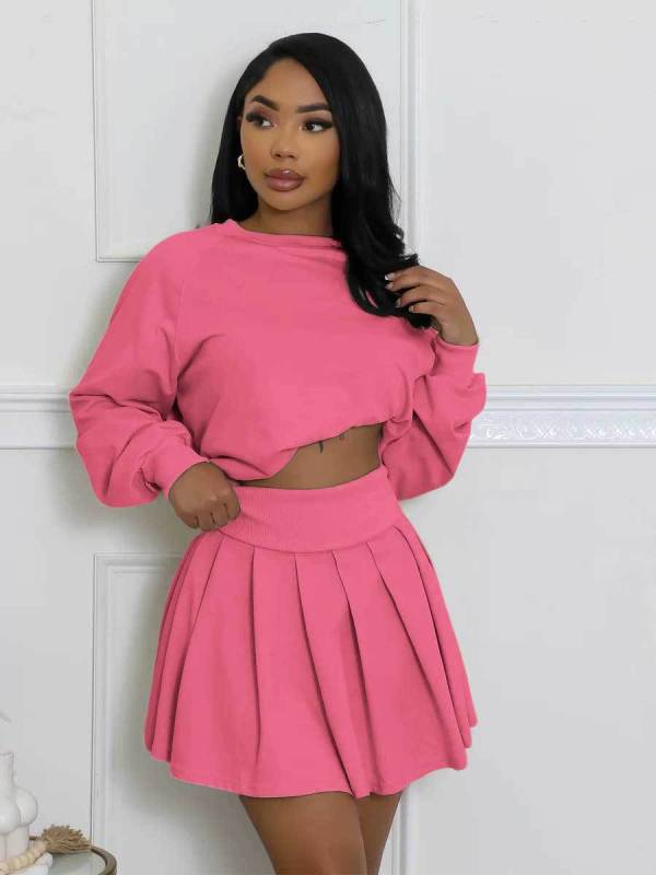 Long sleeved pullover top solid color sweatshirt+pleated mini skirt two-piece set A3071