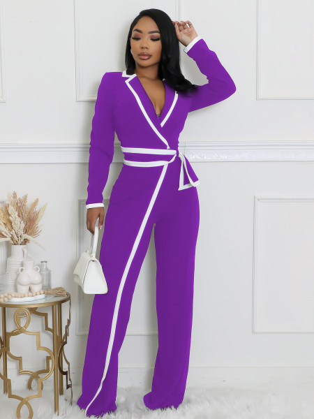 Color blocked minimalist daily long sleeved jumpsuit A3249