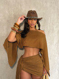 Slant collar off shoulder top with straps, hip hugging short skirt set A740