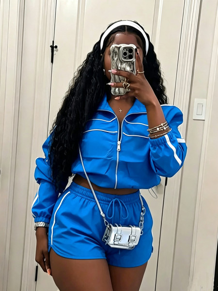 Windproof jacket top with spliced shorts two-piece set A706