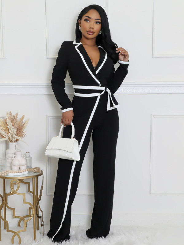 Color blocked minimalist daily long sleeved jumpsuit A3249