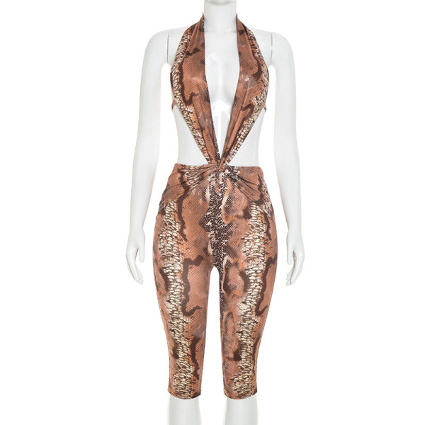 Hanging neck, exposed back, lace up jumpsuit, cropped pants J26JP296