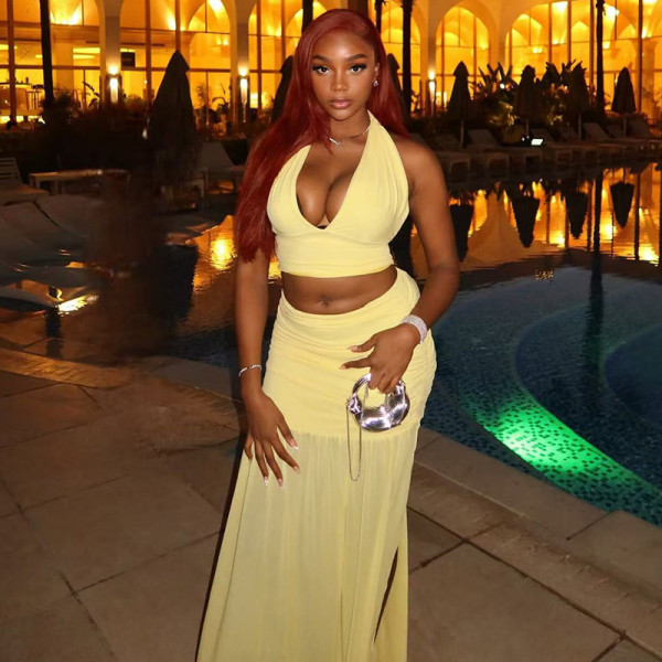 V-neck sleeveless skirt set, hanging neck, hip bag, exposed navel two-piece set JSD711896