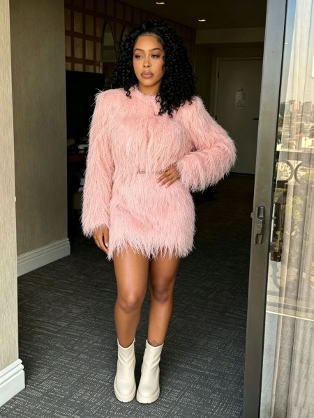 Imitation mink fur round neck long sleeved sweater with buttocks wrapped skirt two-piece set CM60908