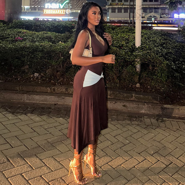 Hip hugging skirt design with neck hanging V-neck and waist cinching long dress JD305681