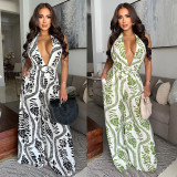 Deep V-neck backless printed jumpsuit C7310