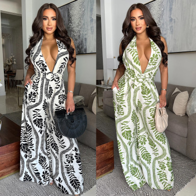 Deep V-neck backless printed jumpsuit C7310