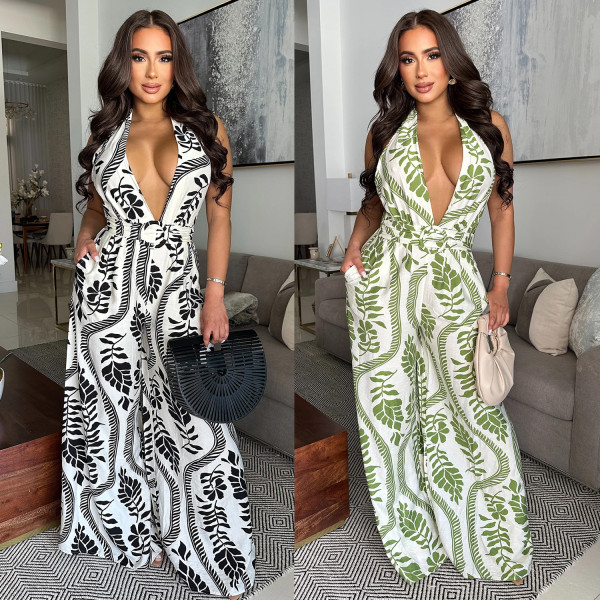 Deep V-neck backless printed jumpsuit C7310