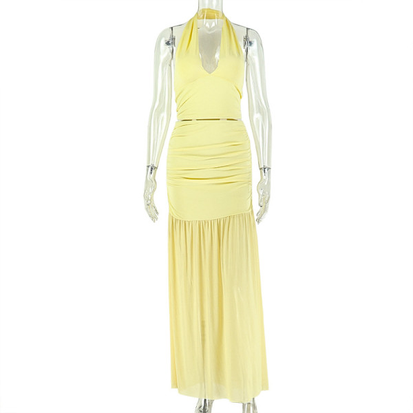 V-neck sleeveless skirt set, hanging neck, hip bag, exposed navel two-piece set JSD711896