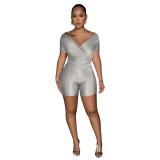 Reflective pleated V-neck pants set, two-piece set GL6721