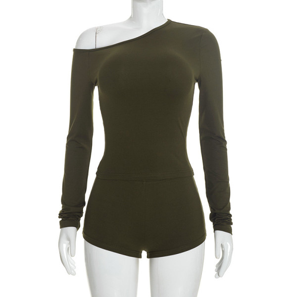 Shoulder long sleeved top and tight shorts set D26ST371