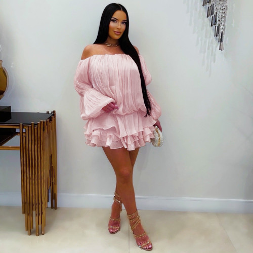 One shoulder shiny silk cake skirt, off shoulder short skirt AL370