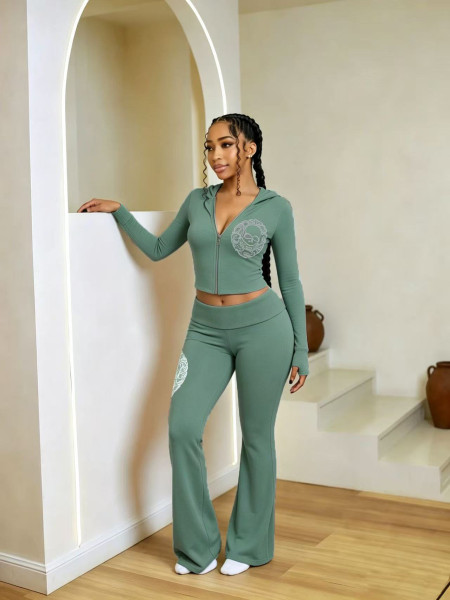 Offset splicing thread low waisted bell bottom pants set CM60905