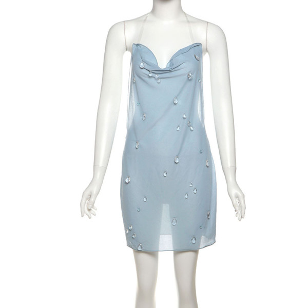 Hanging neck, three-dimensional water droplet decoration, high waist, hip hugging, jumpsuit, short skirt K25D72639