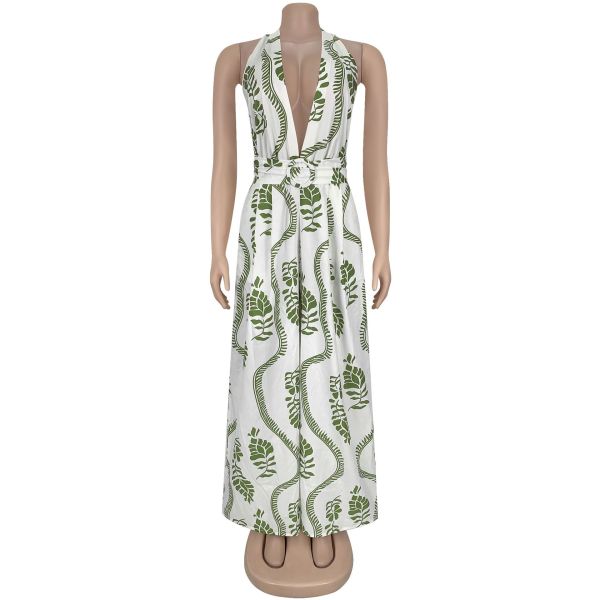 Deep V-neck backless printed jumpsuit C7310