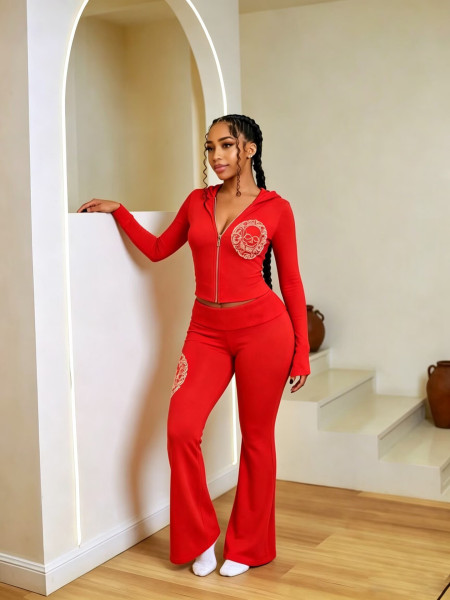 Offset splicing thread low waisted bell bottom pants set CM60905