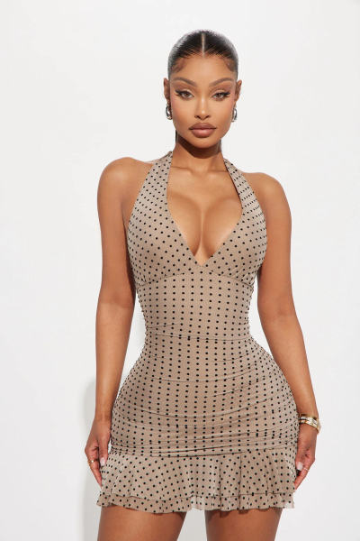 Printed neck hanging wave, waist cinching, lace wrapped, hip hugging short skirt dress XS-L45295