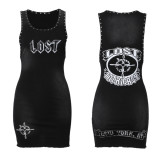 Letter printed sleeveless vest, short skirt, rivet wrapped hip dress FC1580