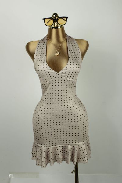 Printed neck hanging wave, waist cinching, lace wrapped, hip hugging short skirt dress XS-L45295