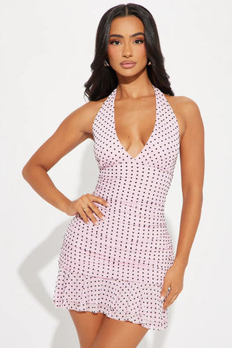 Printed neck hanging wave, waist cinching, lace wrapped, hip hugging short skirt dress XS-L45295