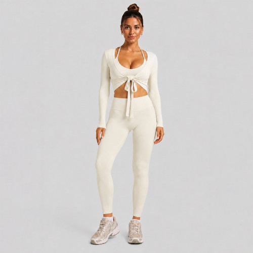 Long sleeved hoodie, neck hanging sports bra, high waisted sports pants, yoga suit, three piece set A1057016005967