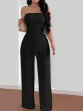 Strapless black lace up waist cinching wide leg jumpsuit A1047071376270