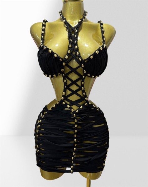Hollow out steel ball woven neck dress HO062203