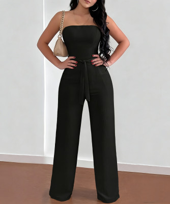 Strapless black lace up waist cinching wide leg jumpsuit A1047071376270