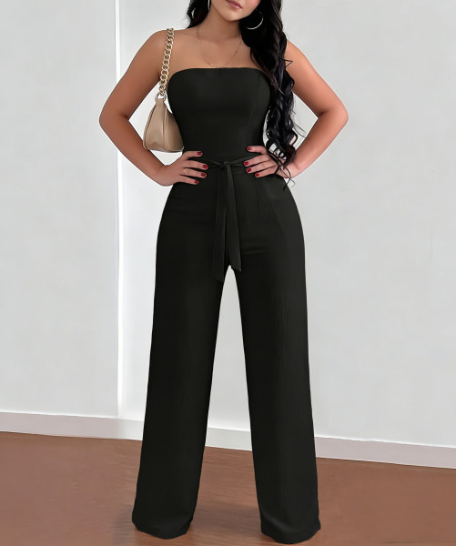 Strapless black lace up waist cinching wide leg jumpsuit A1047071376270