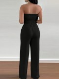 Strapless black lace up waist cinching wide leg jumpsuit A1047071376270