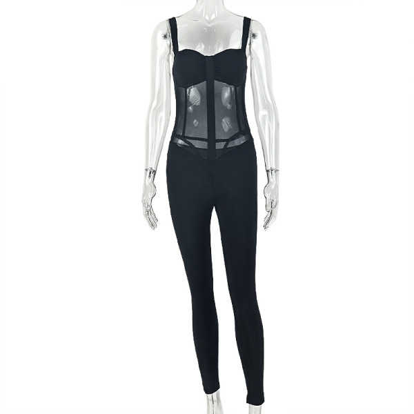 High waisted tight elastic suspender slightly transparent jumpsuit JP006096