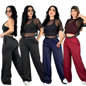 Mesh short sleeved vest, high waist wide leg pants, sports yoga three piece set Q6397