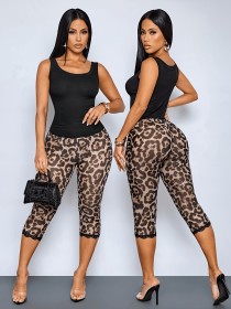 Mid waist elastic animal pattern lace seven quarter leggings S1045121922262