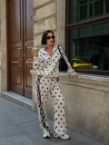 Polka collar zipper jacket high waist wide leg pants set Q6396