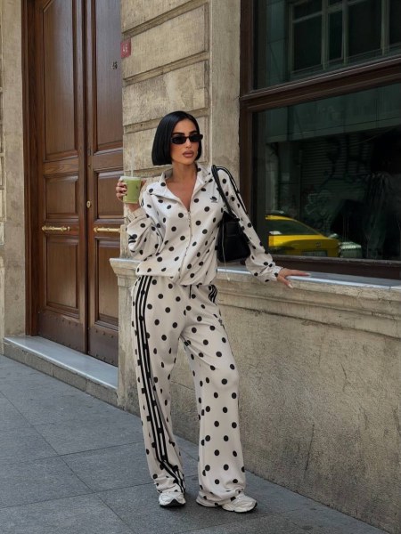 Polka collar zipper jacket high waist wide leg pants set Q6396
