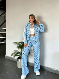 Polka collar zipper jacket high waist wide leg pants set Q6396