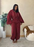Striped long sleeved zipper short jacket, drawstring pants two-piece set AL371