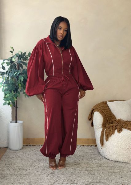 Striped long sleeved zipper short jacket, drawstring pants two-piece set AL371