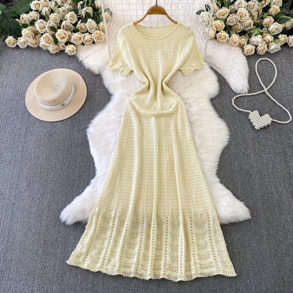 Nail bead short sleeved hollow knit dress A1005660294904