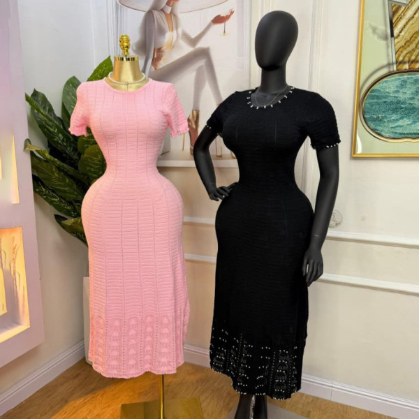 Nail bead short sleeved hollow knit dress A1005660294904