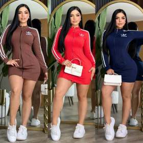 Stand up collar zipper long sleeved hip hugging dress Q6398