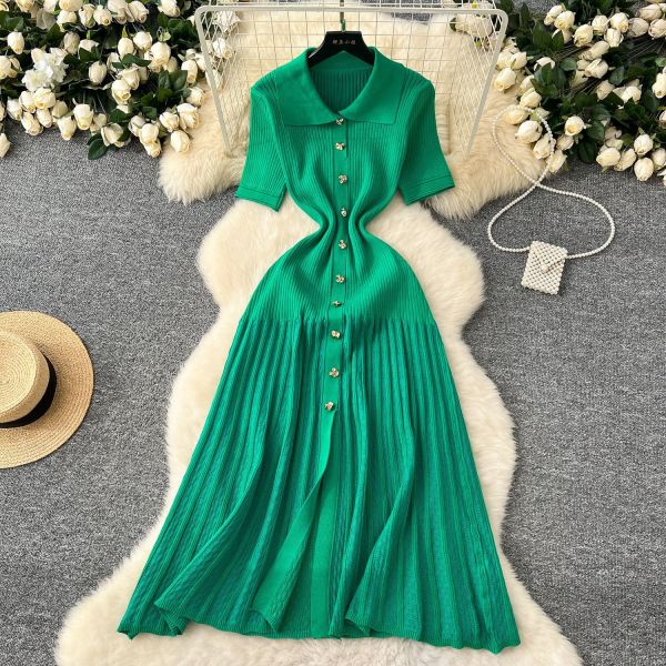 Polo collar short sleeved long knit dress A826081891306