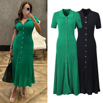 Polo collar short sleeved long knit dress A826081891306